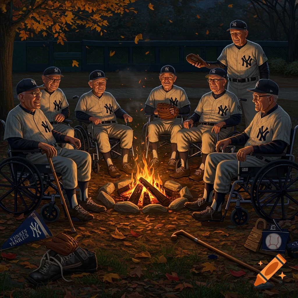 Elderly men in New York Yankees uniforms and wheelchairs gather around a campfire in an autumn-colored clearing, reminiscent of an old-time painting.