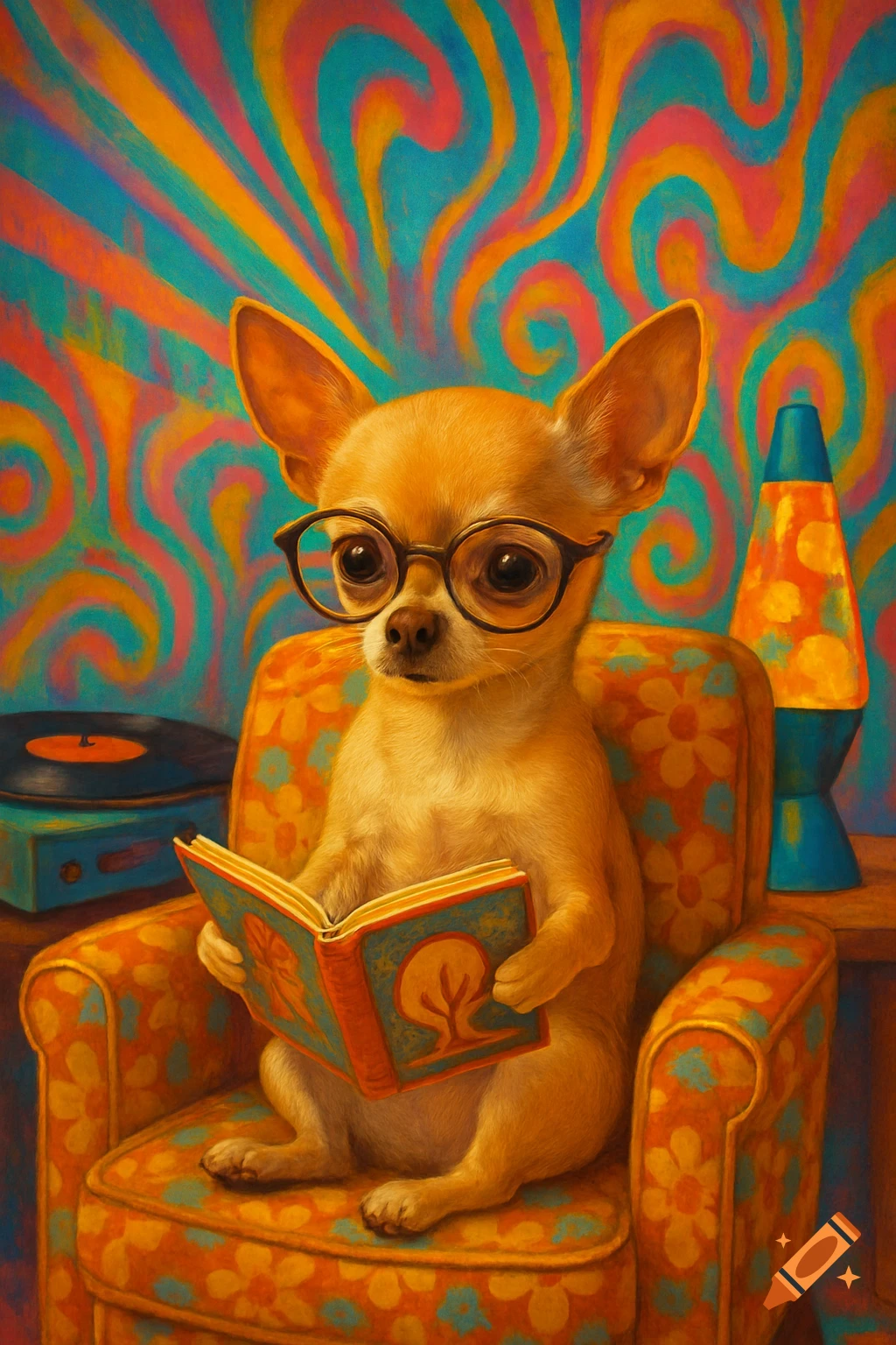 A chihuahua wearing glasses sits in a floral armchair, reading a book, against a vibrant psychedelic background with a lava lamp and record player.
