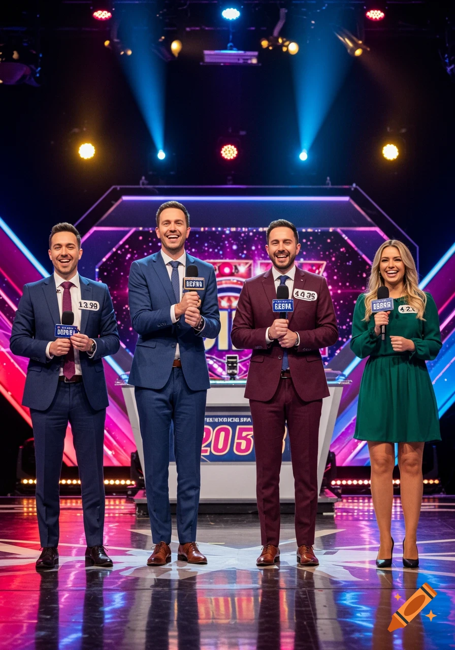 Four smiling people, three men and one woman, stand on a brightly lit game show stage holding microphones.