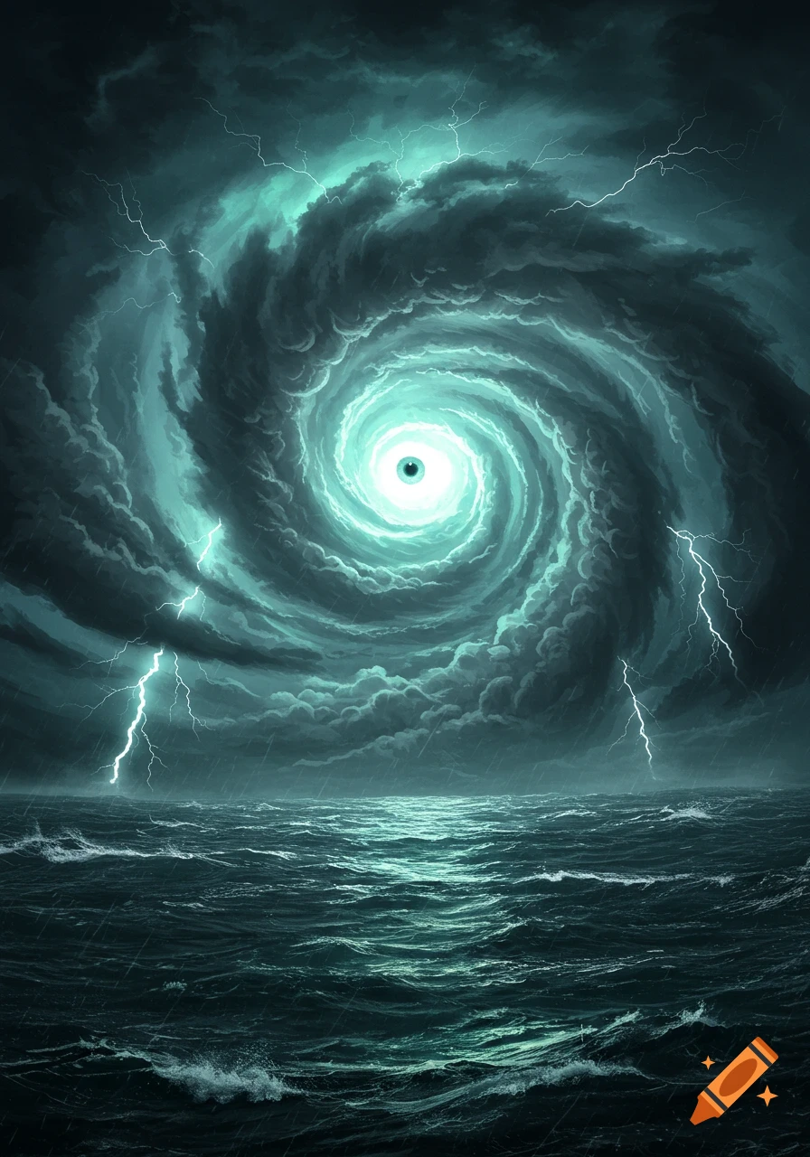 A dark teal hurricane with a central eye swirls over a stormy ocean, with lightning illuminating the sky.