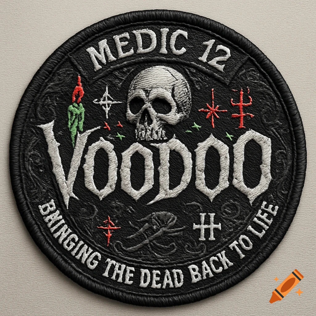 A circular embroidered patch featuring a skull, a candle, and voodoo symbols on a black background. White text reads 'MEDIC 12', 'VOODOO', and 'BAINGING THE DEAD BACK TO LIFE'.