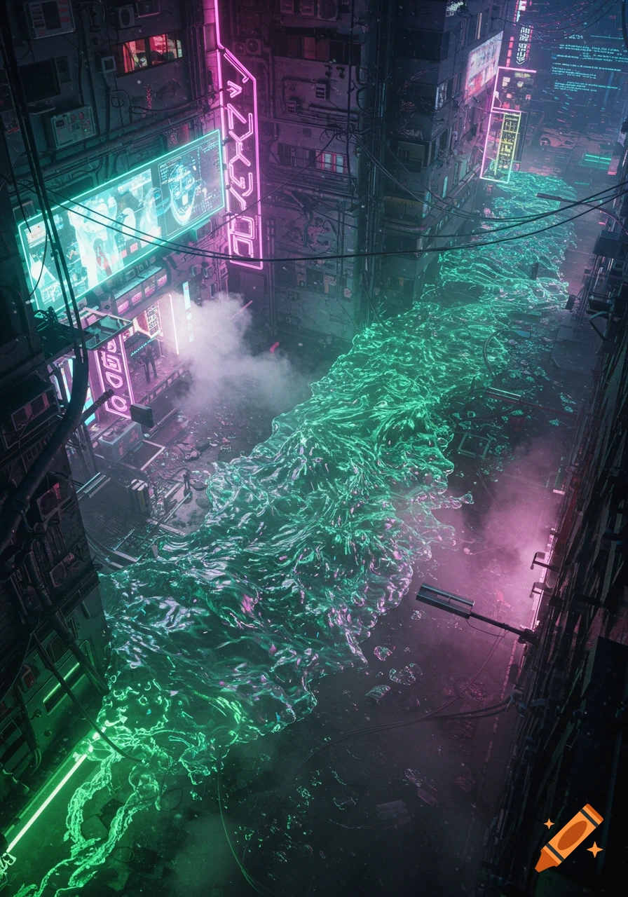 A dark cyberpunk alleyway filled with glowing green liquid, surrounded by neon-lit buildings and screens.