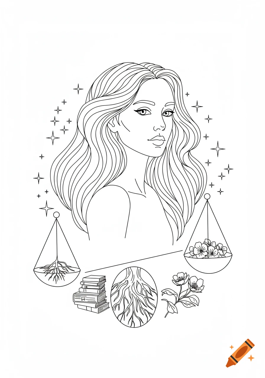 A minimalist black and white line art drawing of a woman's face with wavy hair, surrounded by stars, terrariums with roots and flowers, and books.