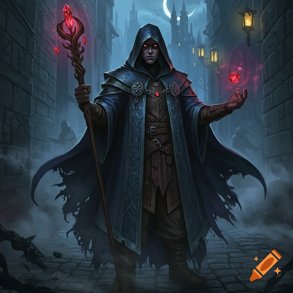 A dark wizard in a hooded cloak stands in a misty alley, holding a crystal-topped staff and conjuring a glowing red orb.