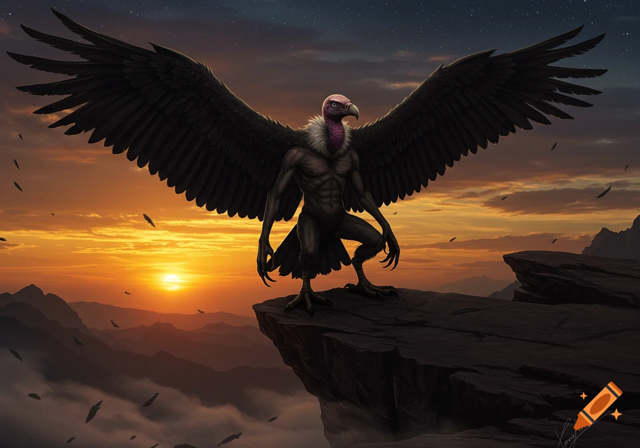A muscular human-vulture hybrid with large, spread wings stands on a rocky cliff overlooking a vast mountain range at sunset.