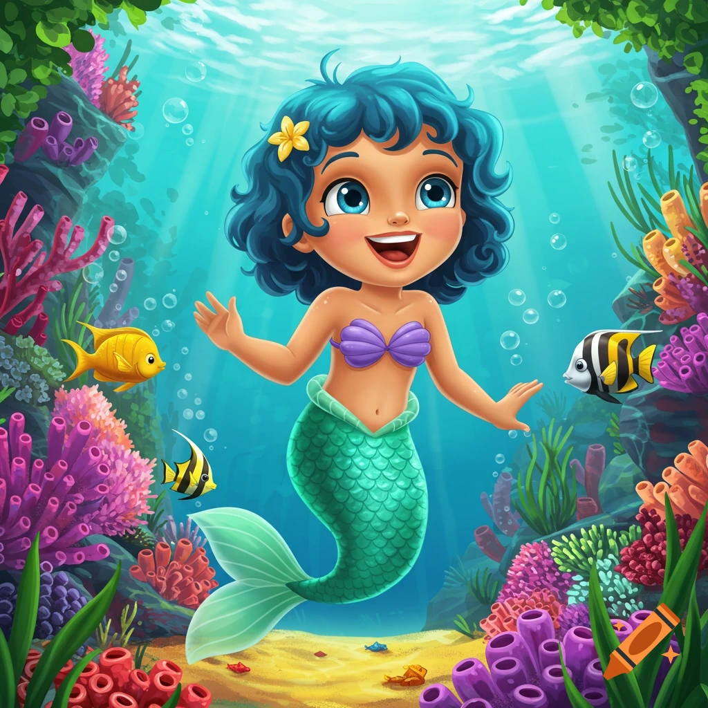 A cartoon mermaid with blue curly hair and big blue eyes laughs joyfully underwater, surrounded by colorful coral and small tropical fish.