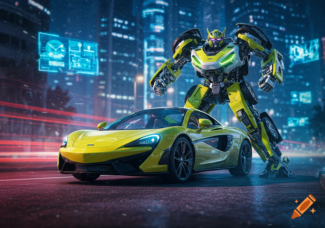 A neon yellow and white transformer robot and a yellow McLaren Spider sports car on a city street at night, with glowing city lights.