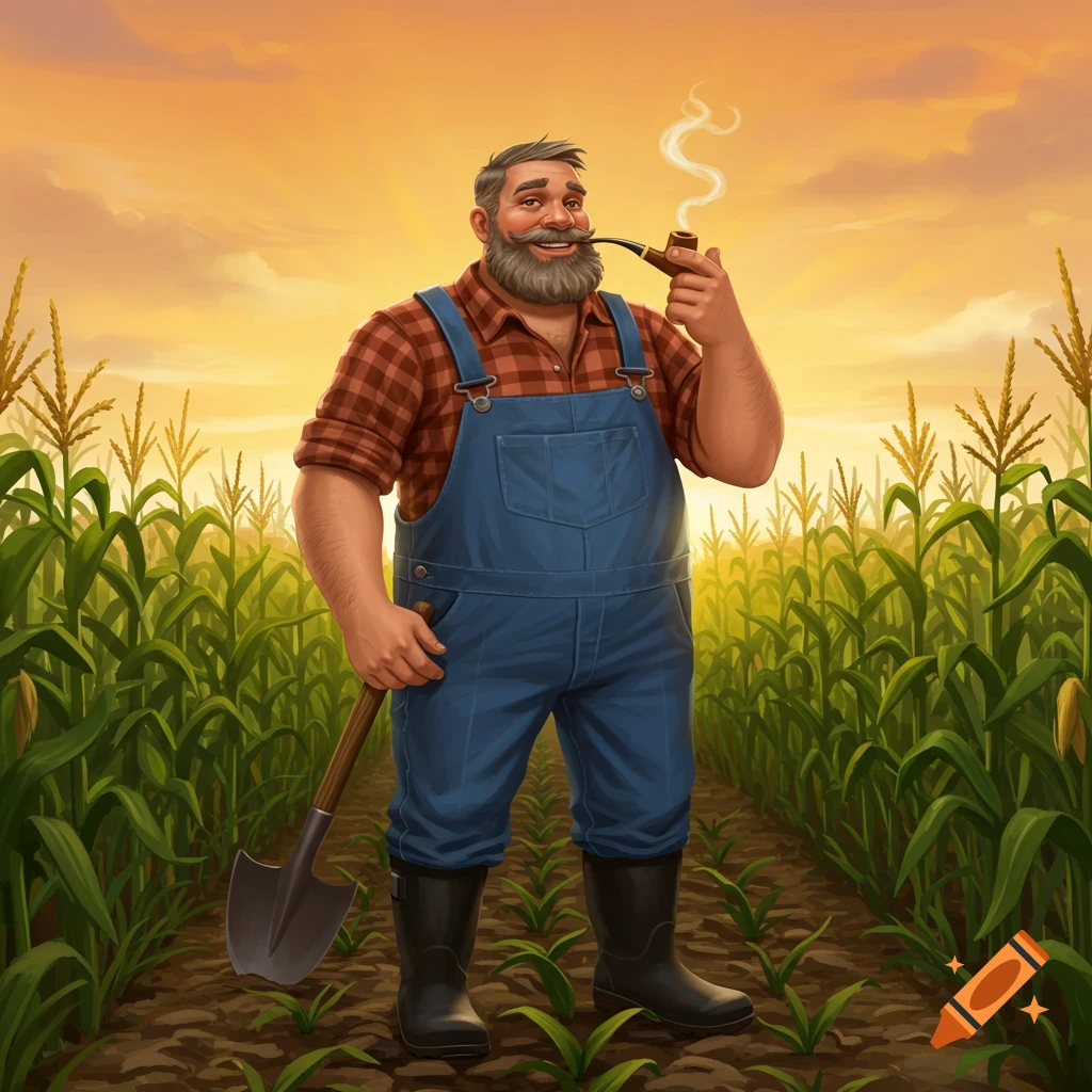 A bearded farmer in blue overalls and a plaid shirt holds a shovel and smokes a pipe in a cornfield at sunset.