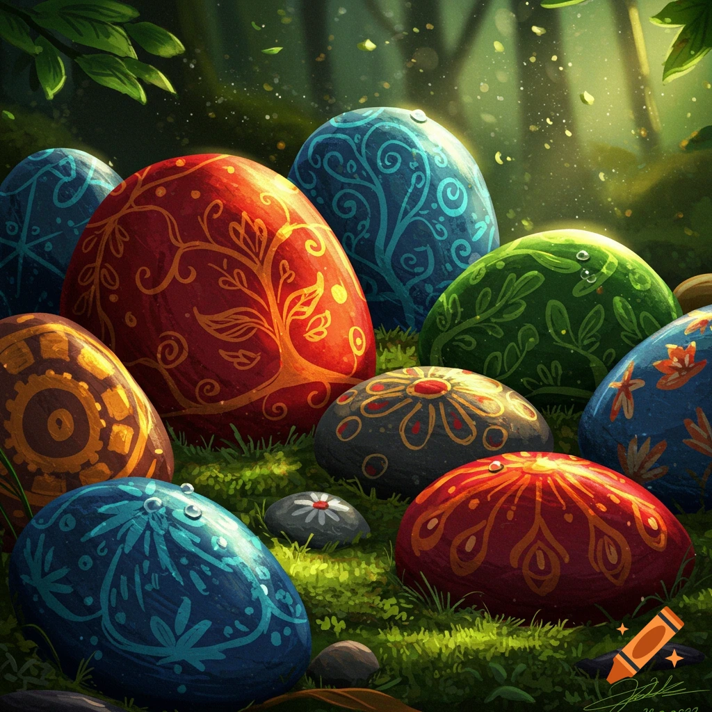Vibrant painted rocks with intricate patterns lie on mossy ground in a sunlit forest.