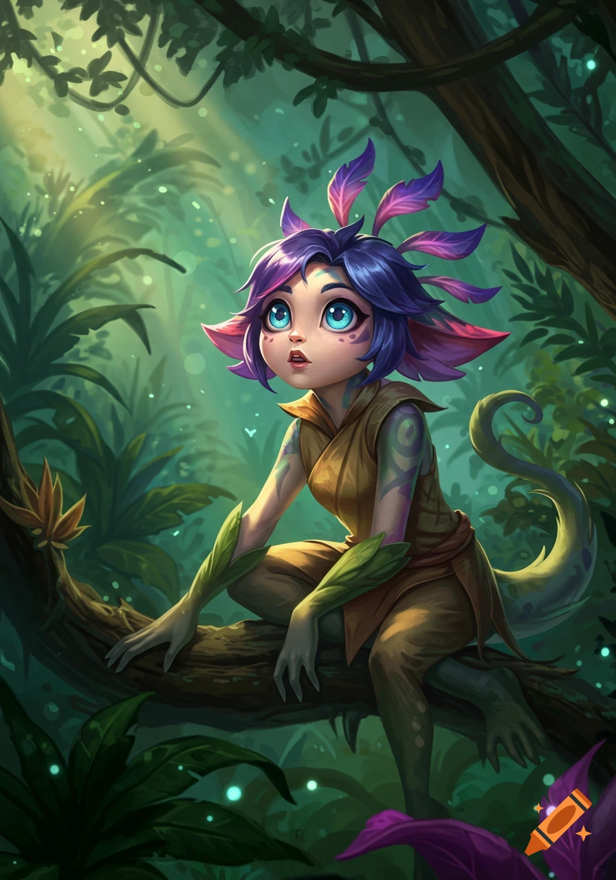 A cute fantasy creature with purple hair and blue eyes sits on a tree branch in a lush jungle.