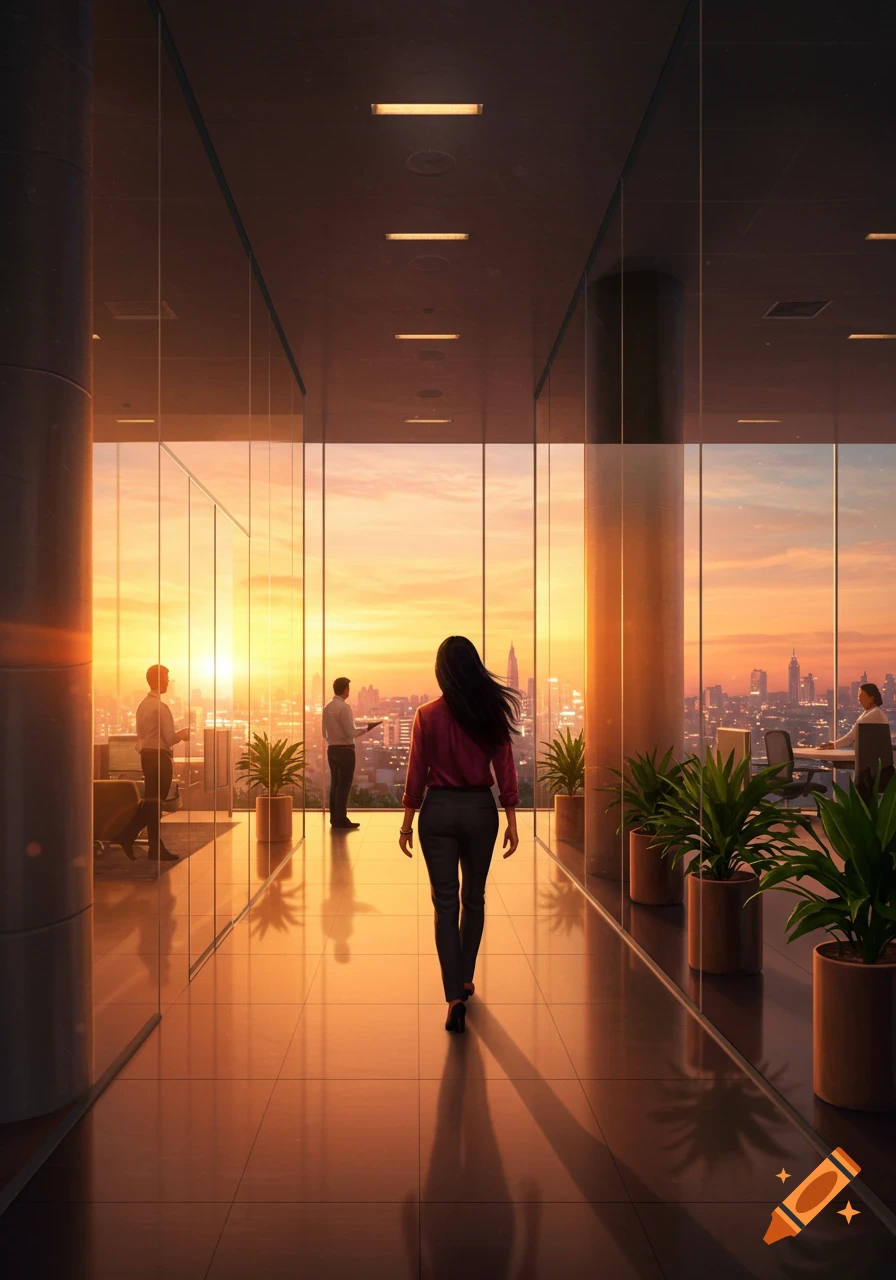 A woman walks down a modern office hallway with floor-to-ceiling windows overlooking a sunset cityscape, with other people in the background.
