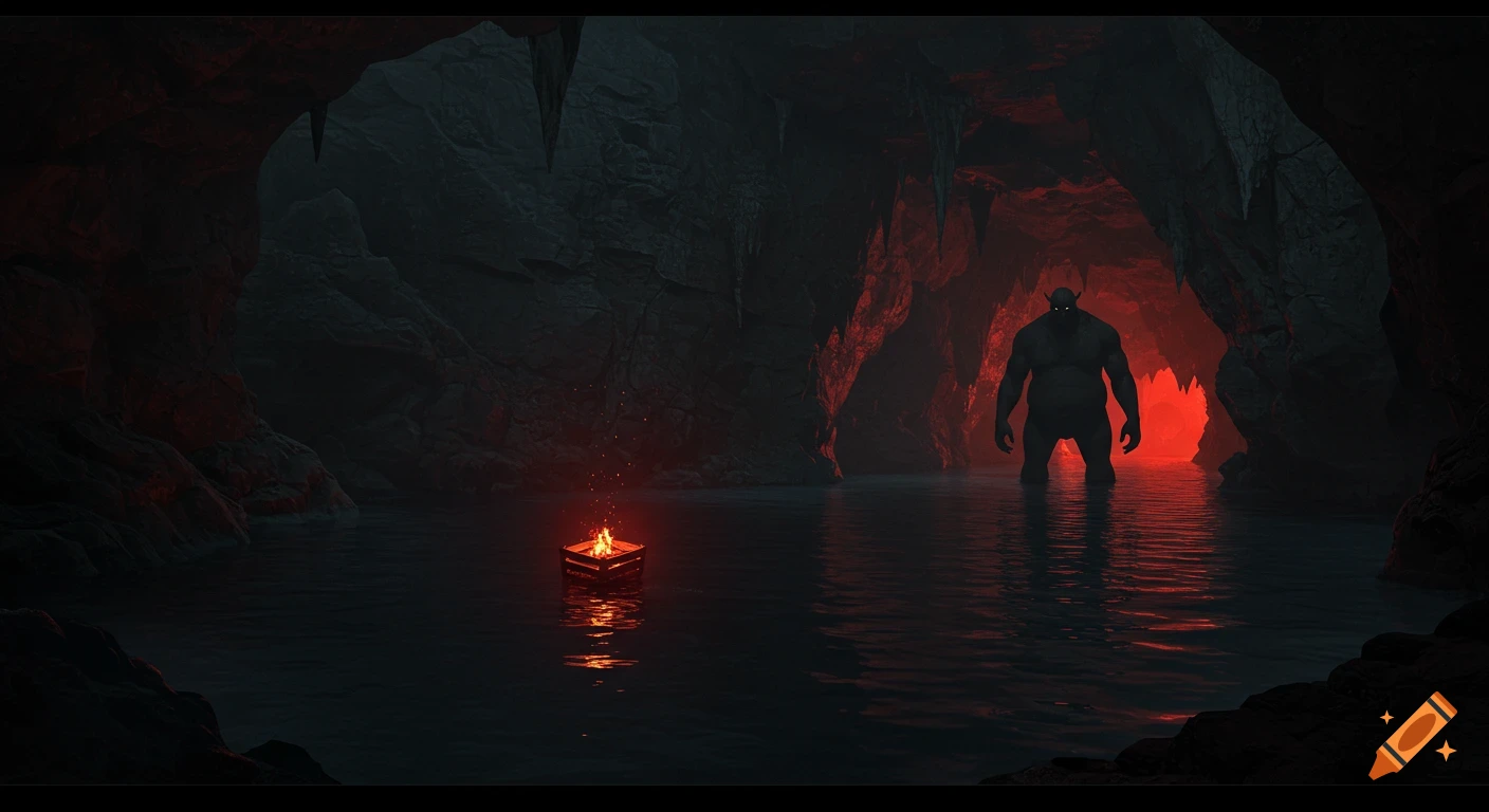 A photorealistic painting shows a large, shadowy monster with glowing eyes and pointy ears standing in a red-lit underground lake within a dark cave.