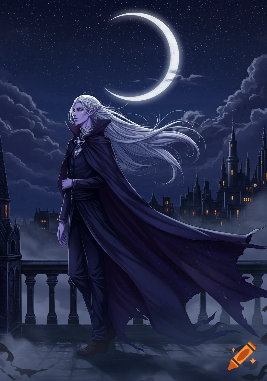 Anime-style vampire character with long white hair and pale purple skin standing on a gothic balcony under a crescent moon at night.