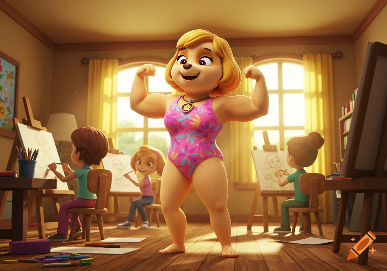 A muscular cartoon dog in a pink swimsuit flexes in an art class with children drawing at easels.