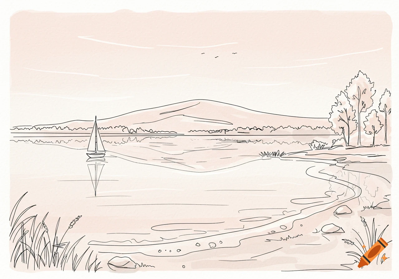 A simple line drawing illustration of a tranquil lake with a sailboat, distant mountains, and trees along the shore.