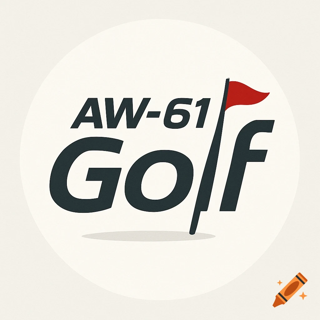 A golf logo with 'AW-61 Golf' text, where the 'f' in golf is stylized as a golf flag and pin.