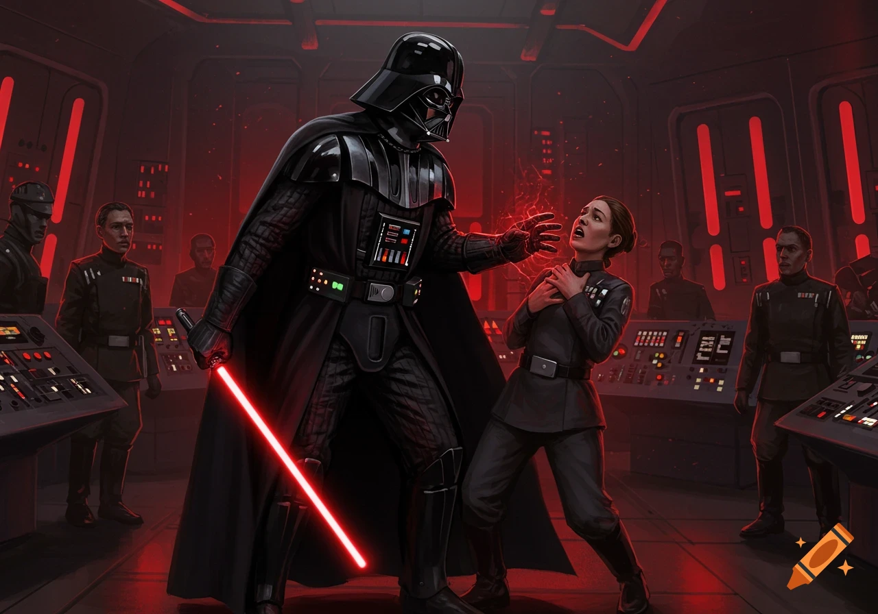 Darth Vader Force-chokes a female Imperial officer on a red-lit starship bridge, sci-fi illustration.