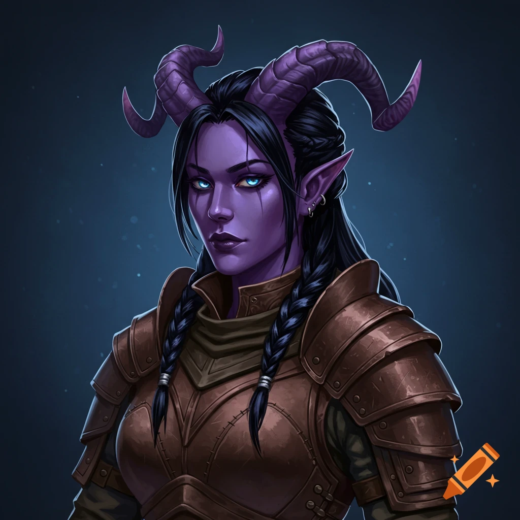 A female purple-skinned Tiefling character with blue eyes, long black braided hair, and purple horns, wearing brown leather armor against a dark blue background.