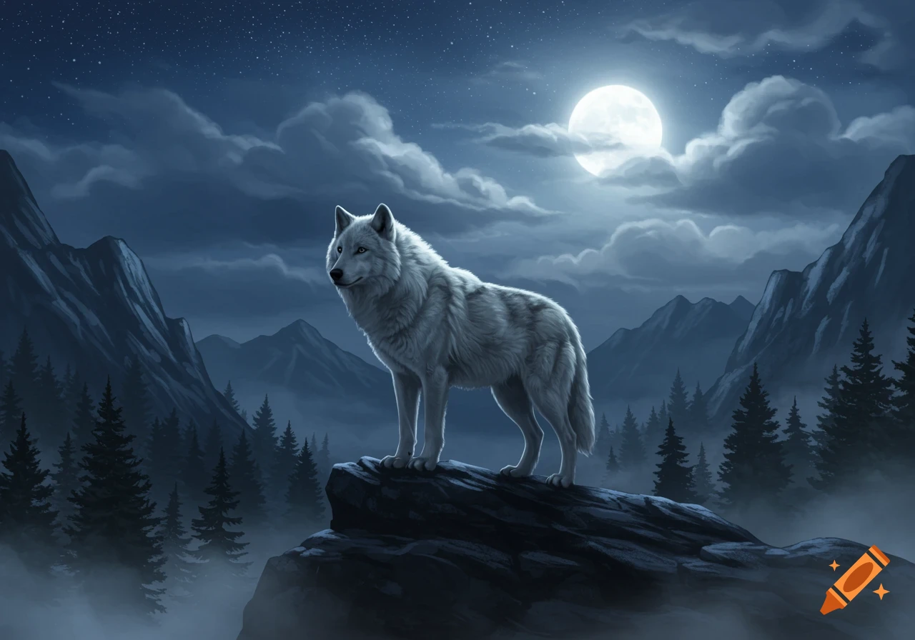 A white wolf stands majestically on a rock outcrop at night, illuminated by a full moon, with mountains and pine trees in the foggy background.