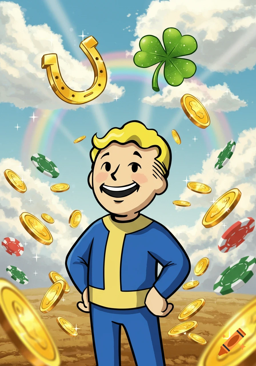 A smiling Vault Boy from Fallout surrounded by floating golden coins, poker chips, a horseshoe, and a four-leaf clover under a rainbow.