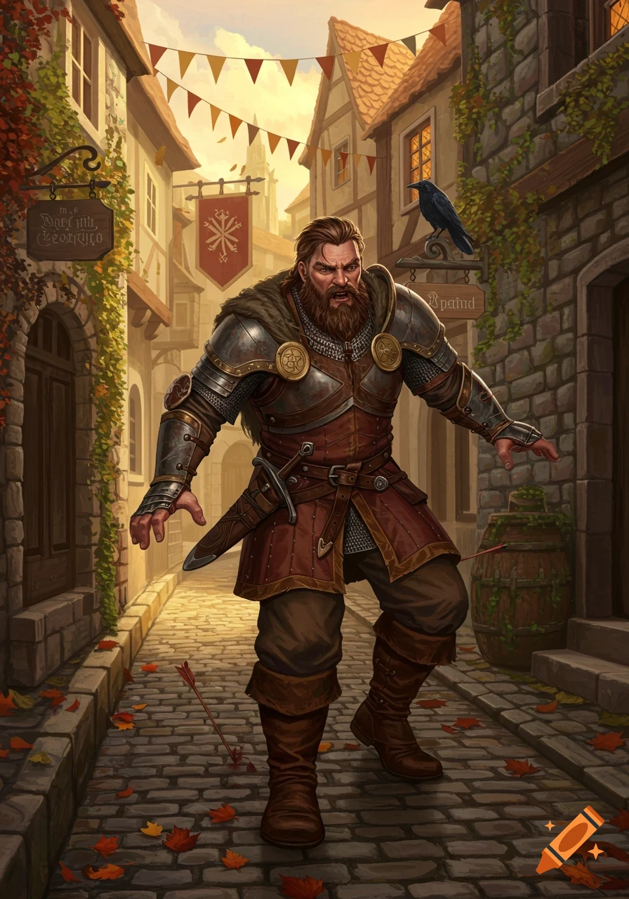 A bearded warrior in detailed armor stands in a cobblestone medieval village street with an arrow on the ground.