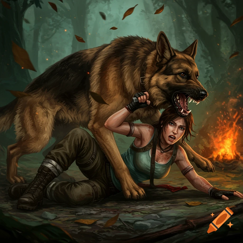 Lara Croft is pinned to the ground by an aggressive German Shepherd in a dark forest, with fiery embers and fallen leaves around them.