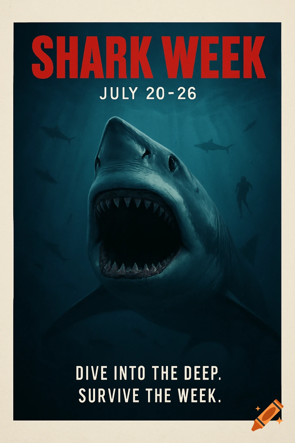 Dramatic poster for Shark Week featuring a great white shark with its mouth open, emerging from deep blue ocean water, with a diver silhouette in the background. Text reads "SHARK WEEK, JULY 20-26, DIVE INTO THE DEEP. SURVIVE THE WEEK."