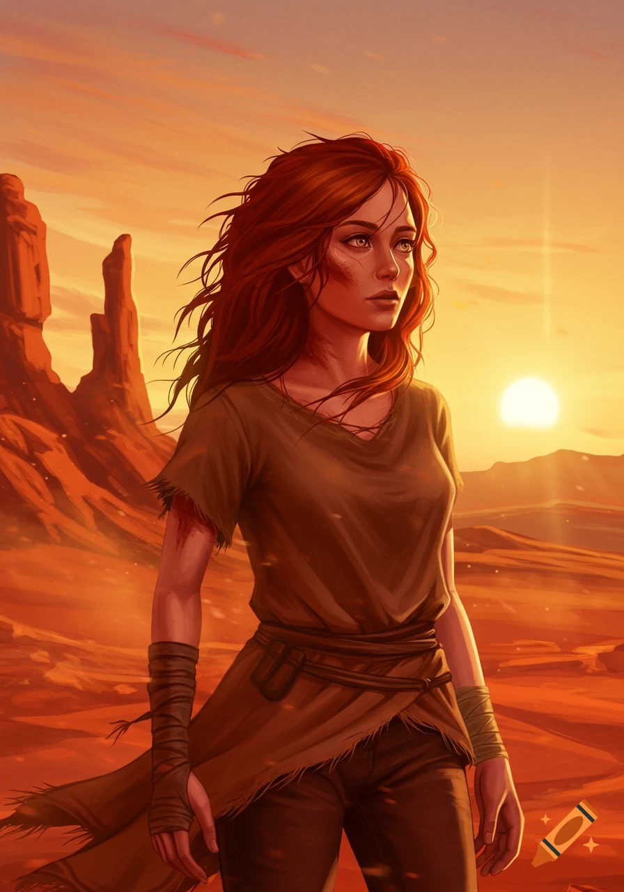 A red-haired woman with a wounded arm stands in a vast desert landscape at sunset, looking into the distance, digital painting style.