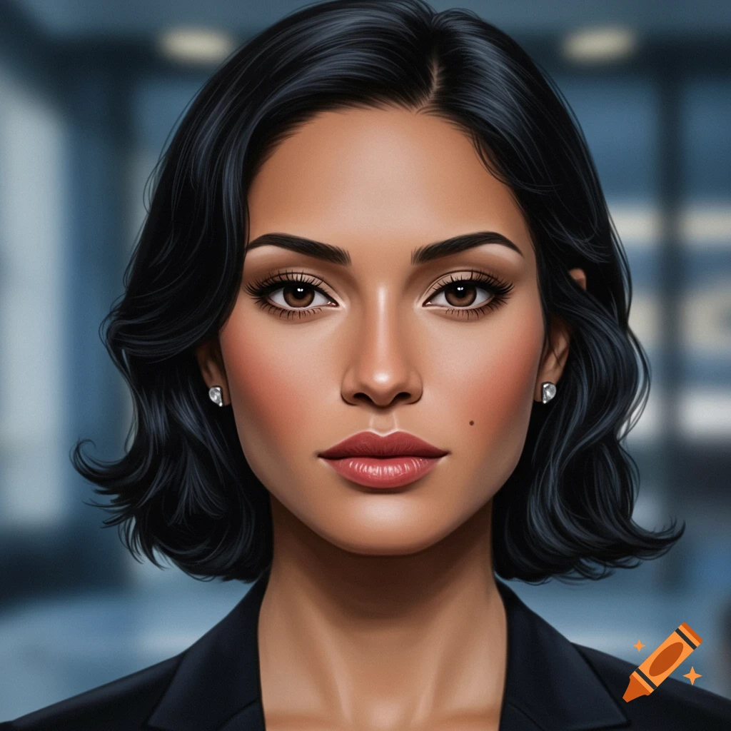 Close-up photorealistic portrait of a woman with short dark hair and brown eyes wearing a black blazer, blurred office background.