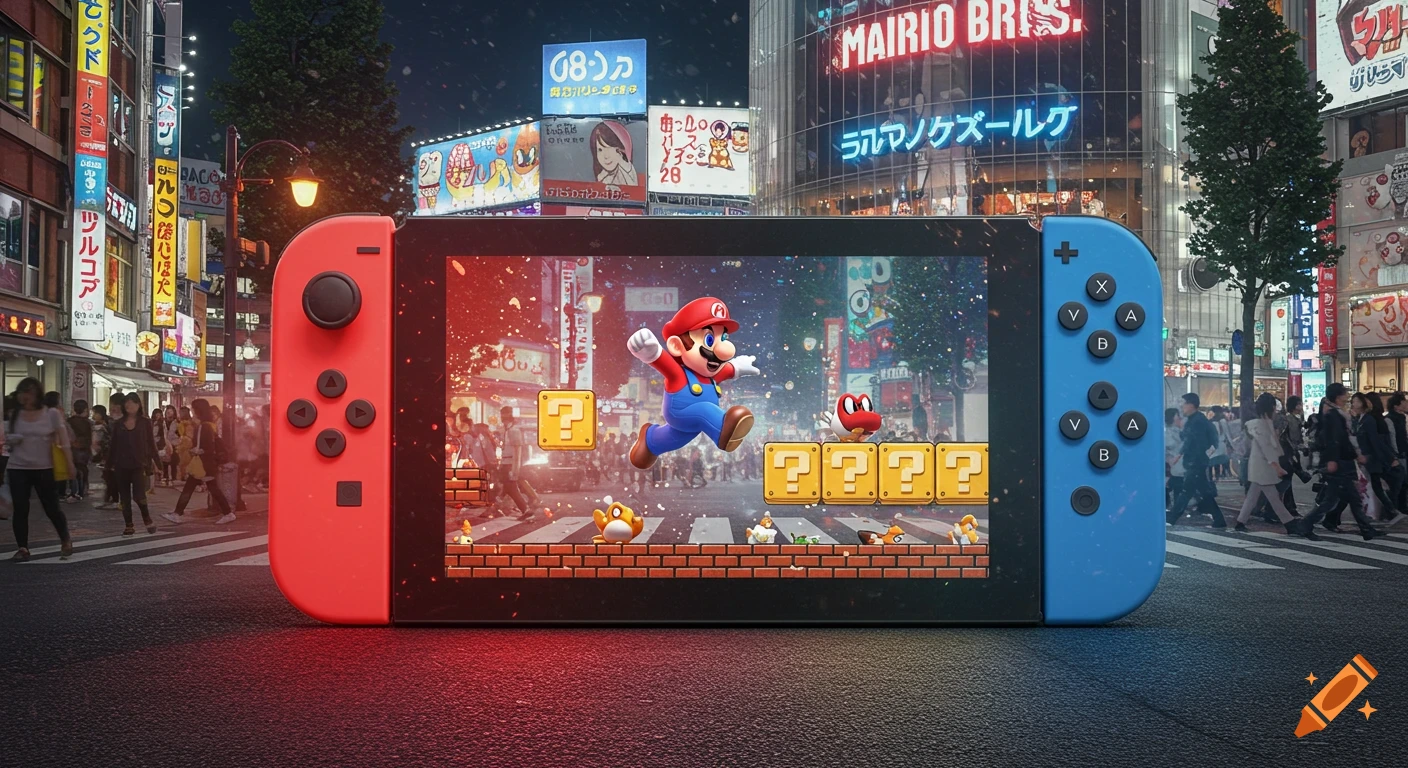 A Nintendo Switch lies on a dark street, displaying Mario jumping in a game scene. The background is a vibrant Tokyo night cityscape with neon signs and pedestrians.