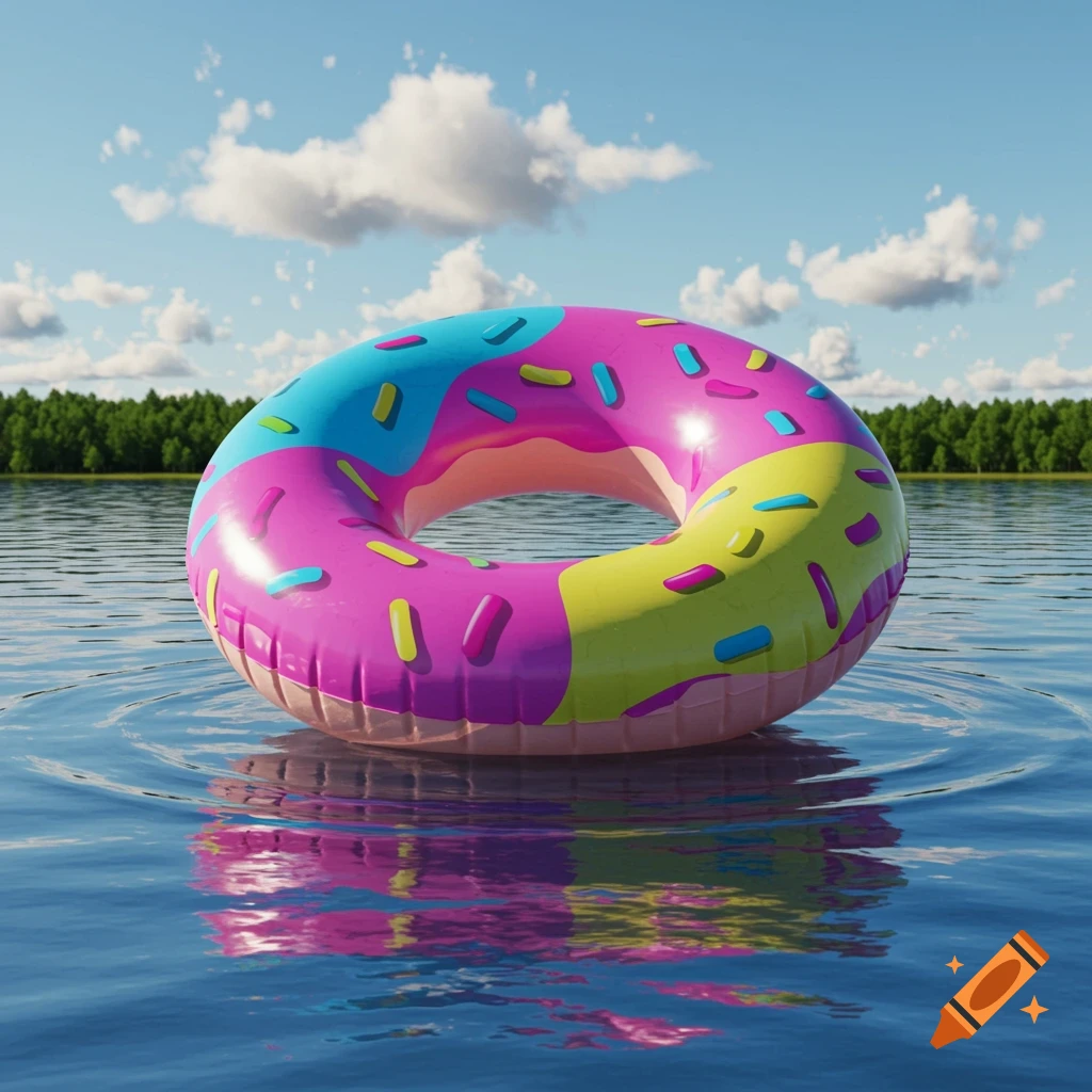 A colorful inflatable donut tube floats on calm blue water with a forested shoreline and a cloudy sky in the background.