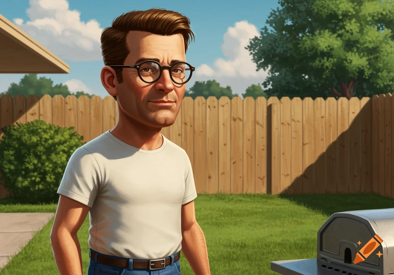 A stylized portrait of Hank Hill standing in a sunny backyard with a wooden fence and grill.