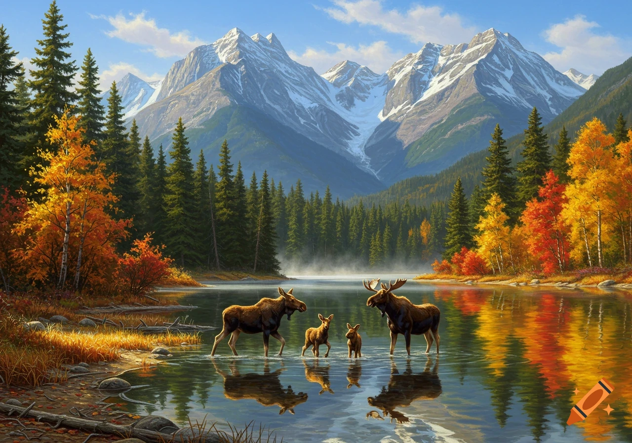 A family of moose, including two adults and two calves, stands in a misty lake surrounded by vibrant autumn trees and snow-capped mountains under a clear sky.