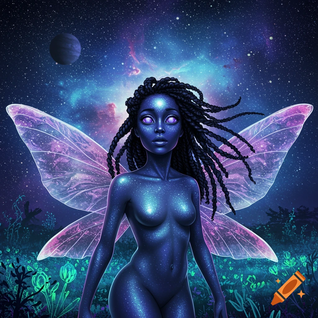 A cosmic fairy with blue, starry skin, braided hair, and glowing eyes stands in a glowing field under a nebula sky.
