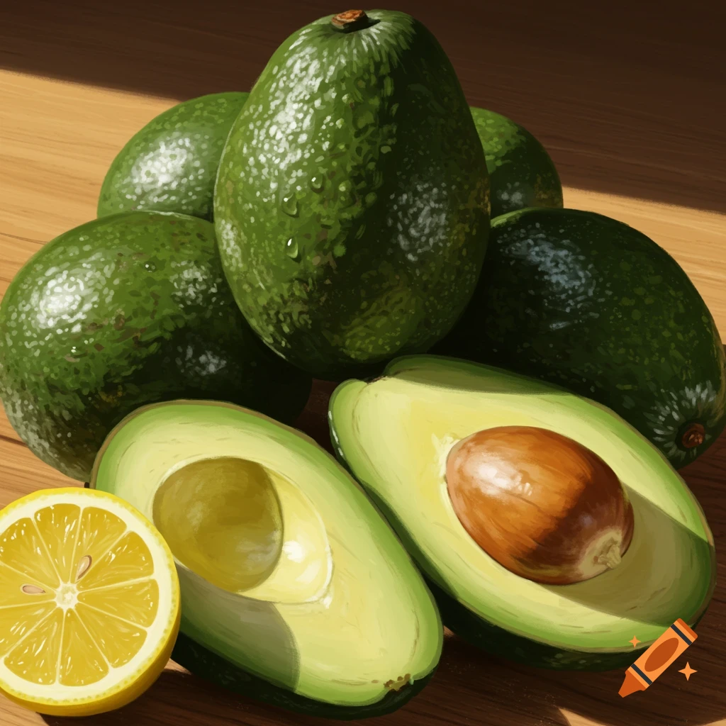 Several whole and one sliced avocado with a lemon slice on a wooden table, photorealistic style.