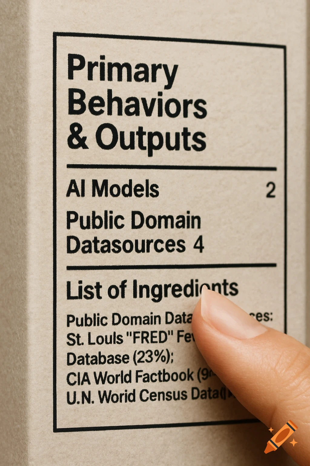 A close-up, high-resolution photo of a nutrition-style label on a textured light-colored box. A finger points at the "List of Ingredients" section, which includes "Primary Behaviors & Outputs" and "AI Models."