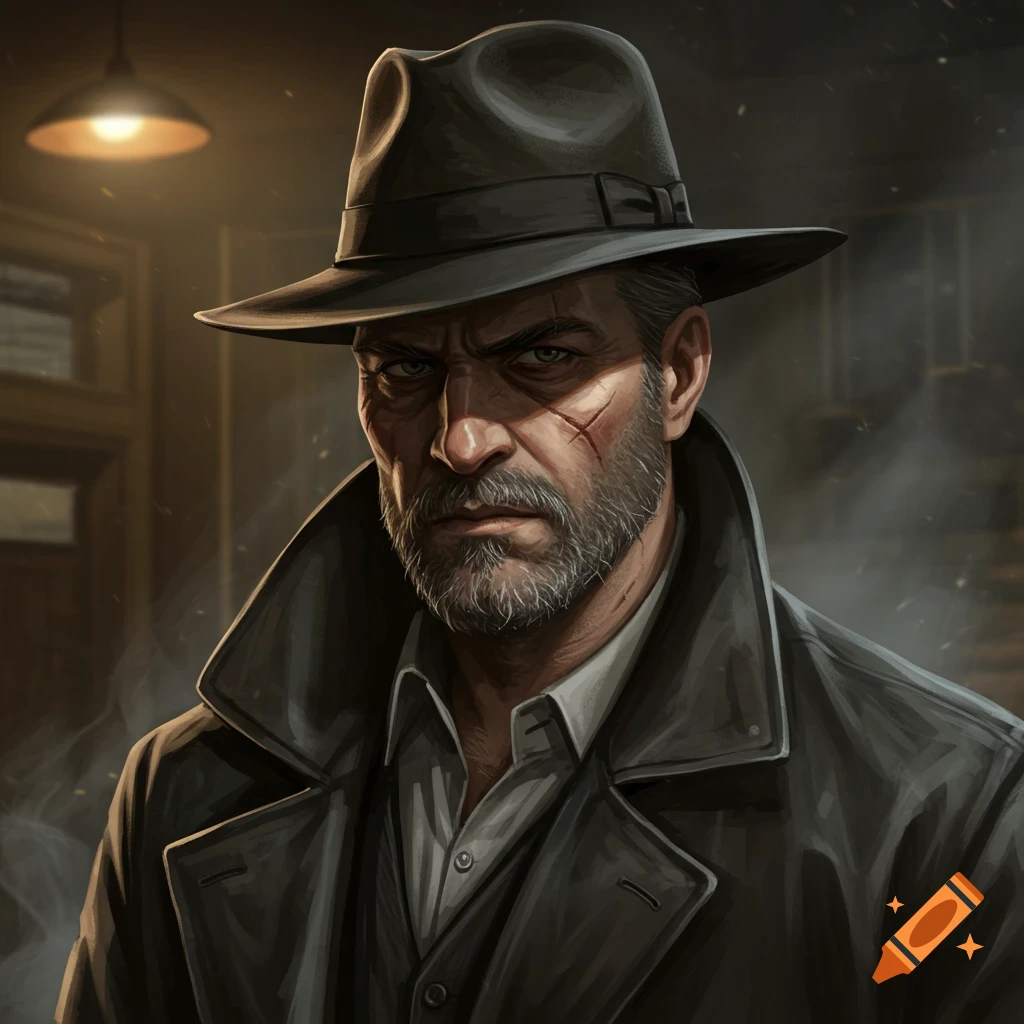 A menacing portrait illustration of a bearded man in a fedora and trench coat, with scars on his face, in a dimly lit, smoky room.