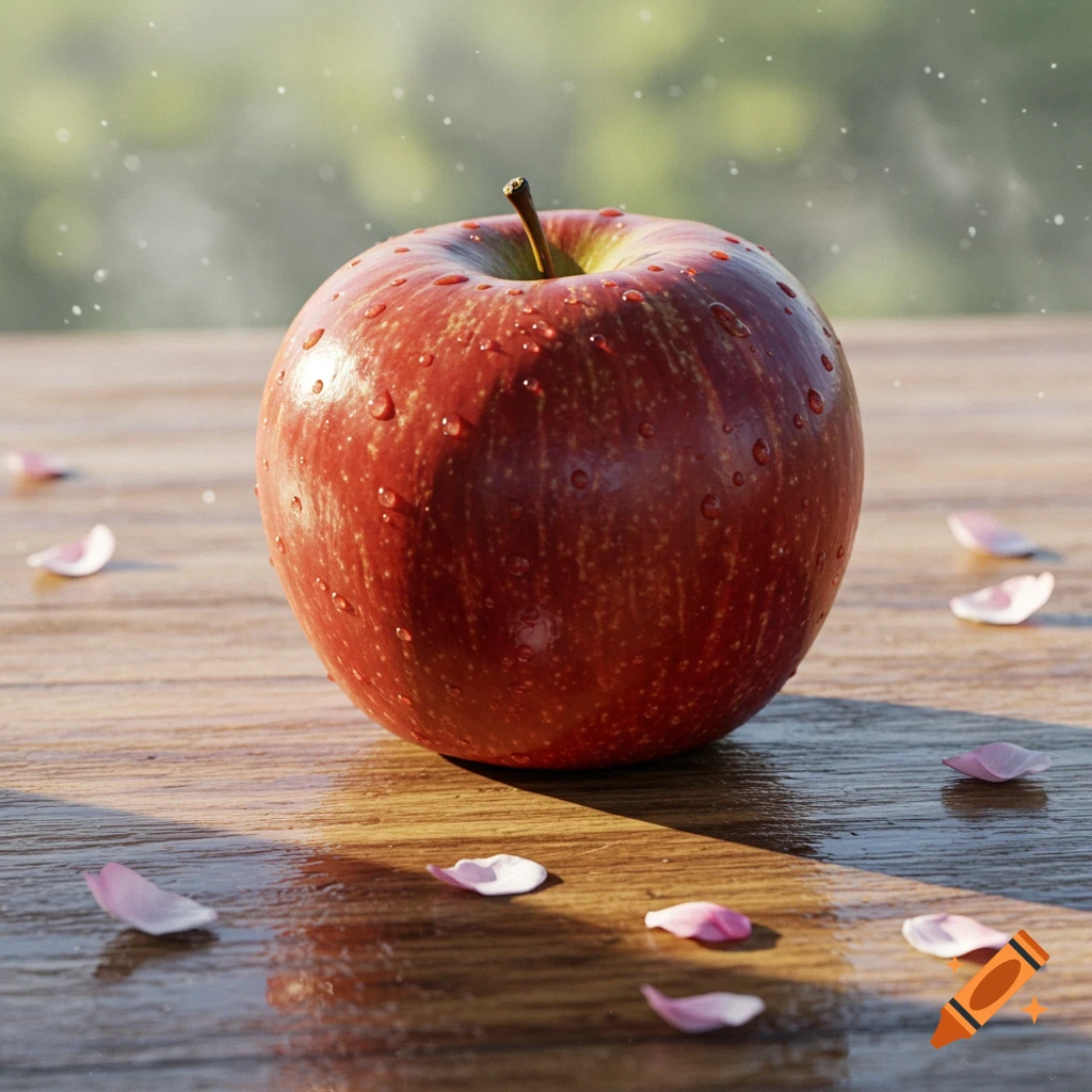 A vibrant red apple covered in water droplets on a wet wooden table with scattered pink petals, photorealistic.