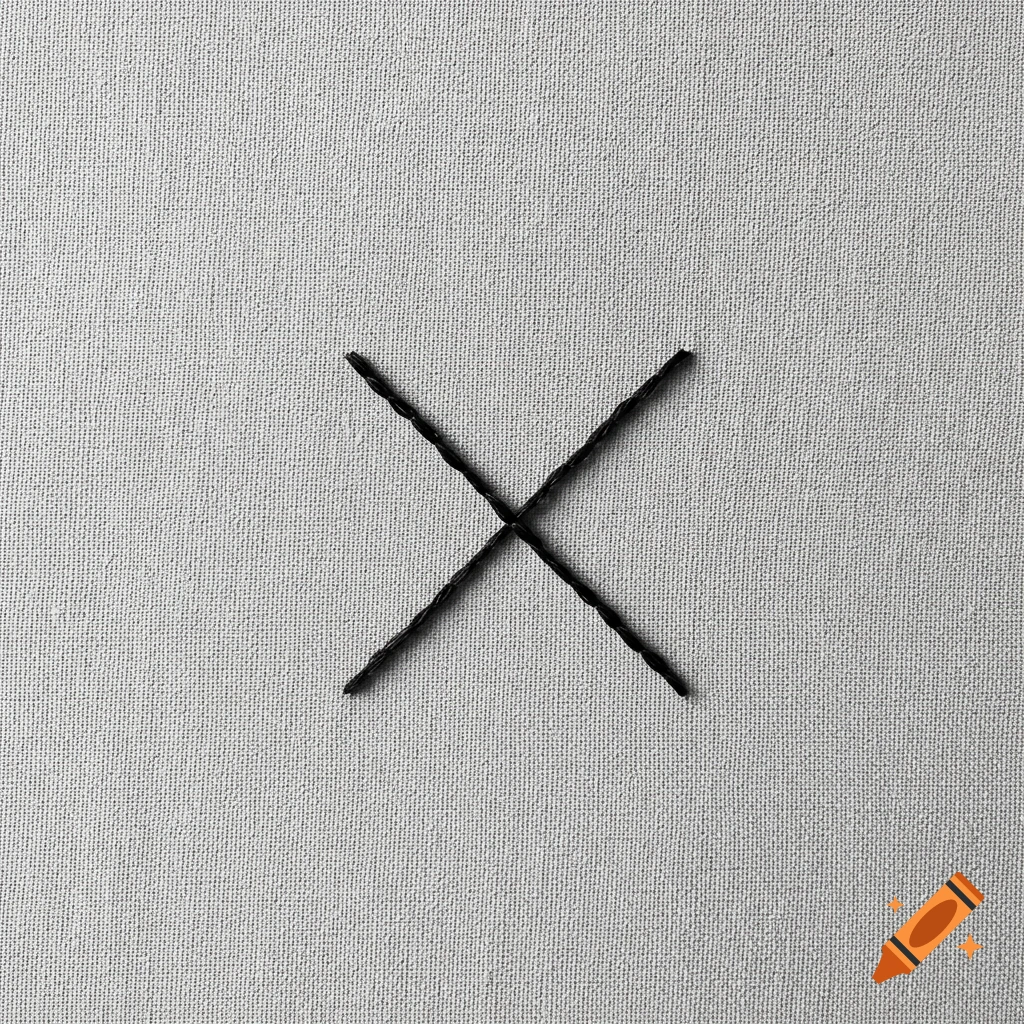 A black cross-stitch 'X' made of thread on a white fabric background, top-down view.