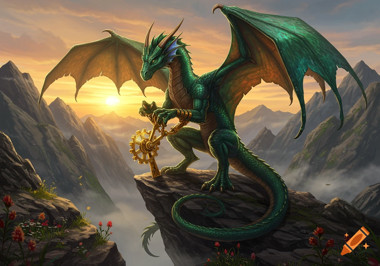 A majestic green dragon with large wings perches on a mountain cliff, holding a golden mechanical device, with a sunset over misty mountains in the background.