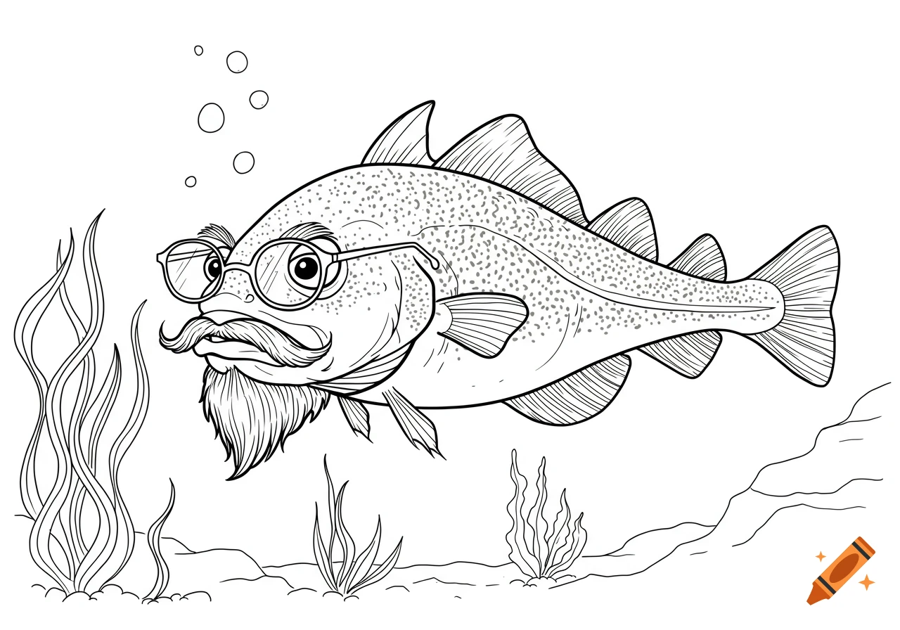 Black and white line drawing cartoon of a cod fish with glasses and a goatee, underwater with seaweed and bubbles.