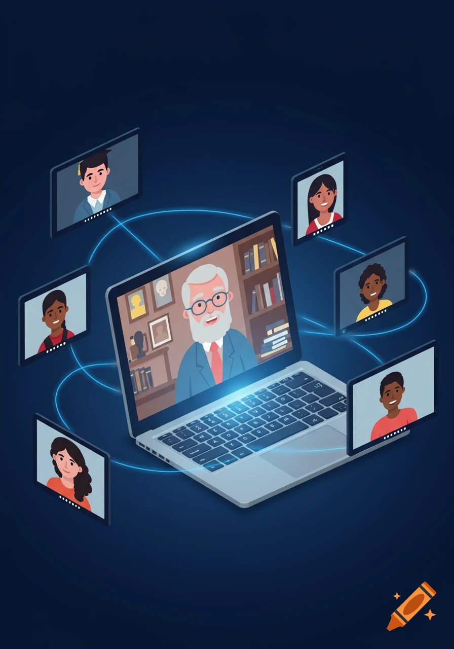 An isometric illustration of an online video call session with a laptop at the center and multiple smaller screens showing diverse individuals connected by blue lines.