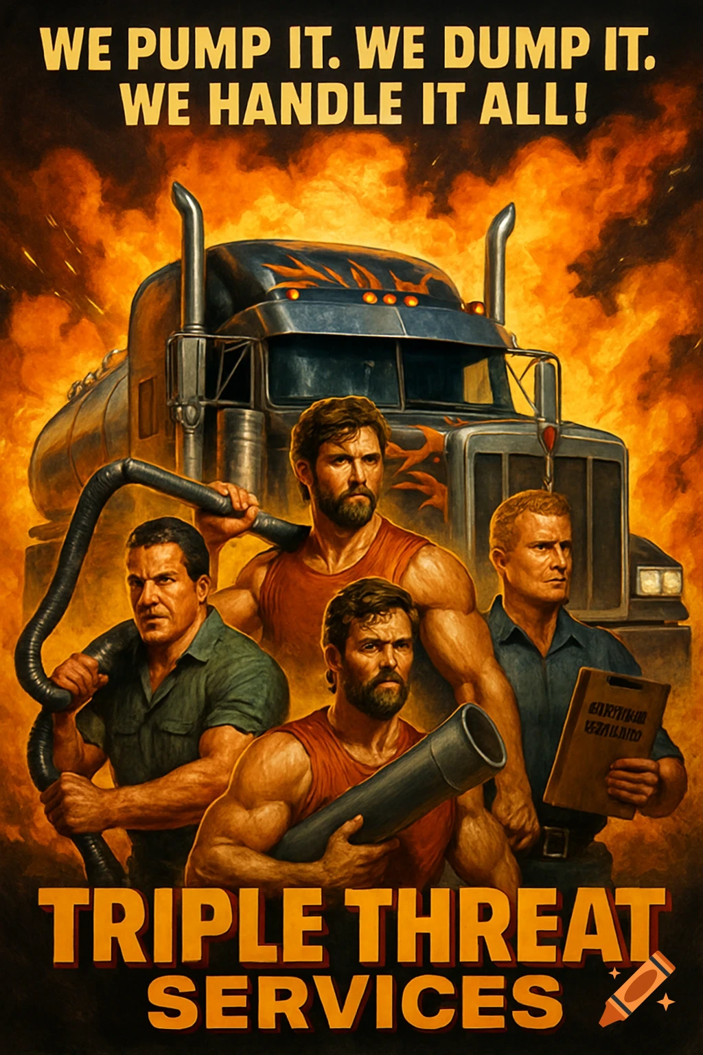 Action-style poster with a large chrome tanker truck behind three muscular men holding industrial equipment, against a fiery background. Text reads 'WE PUMP IT. WE DUMP IT. WE HANDLE IT ALL! TRIPLE THREAT SERVICES'.