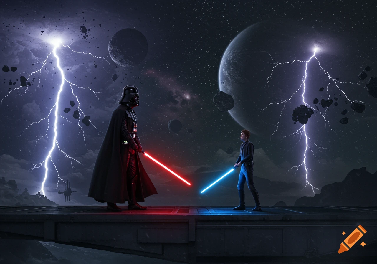 Darth Vader with a red lightsaber and a Jedi with a blue lightsaber face off on a platform in a stormy space scene.