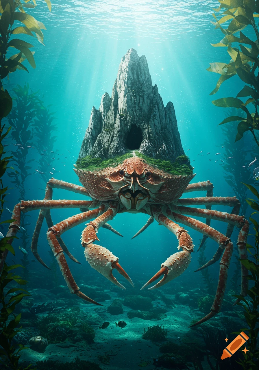 A massive Japanese spider crab with a large rocky mountain on its back, underwater in a deep blue ocean with kelp forests.