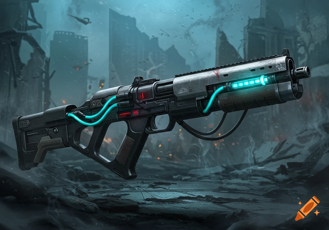 A futuristic assault rifle with blue glowing tubes and red accents, set against a ruined, dystopian cityscape.