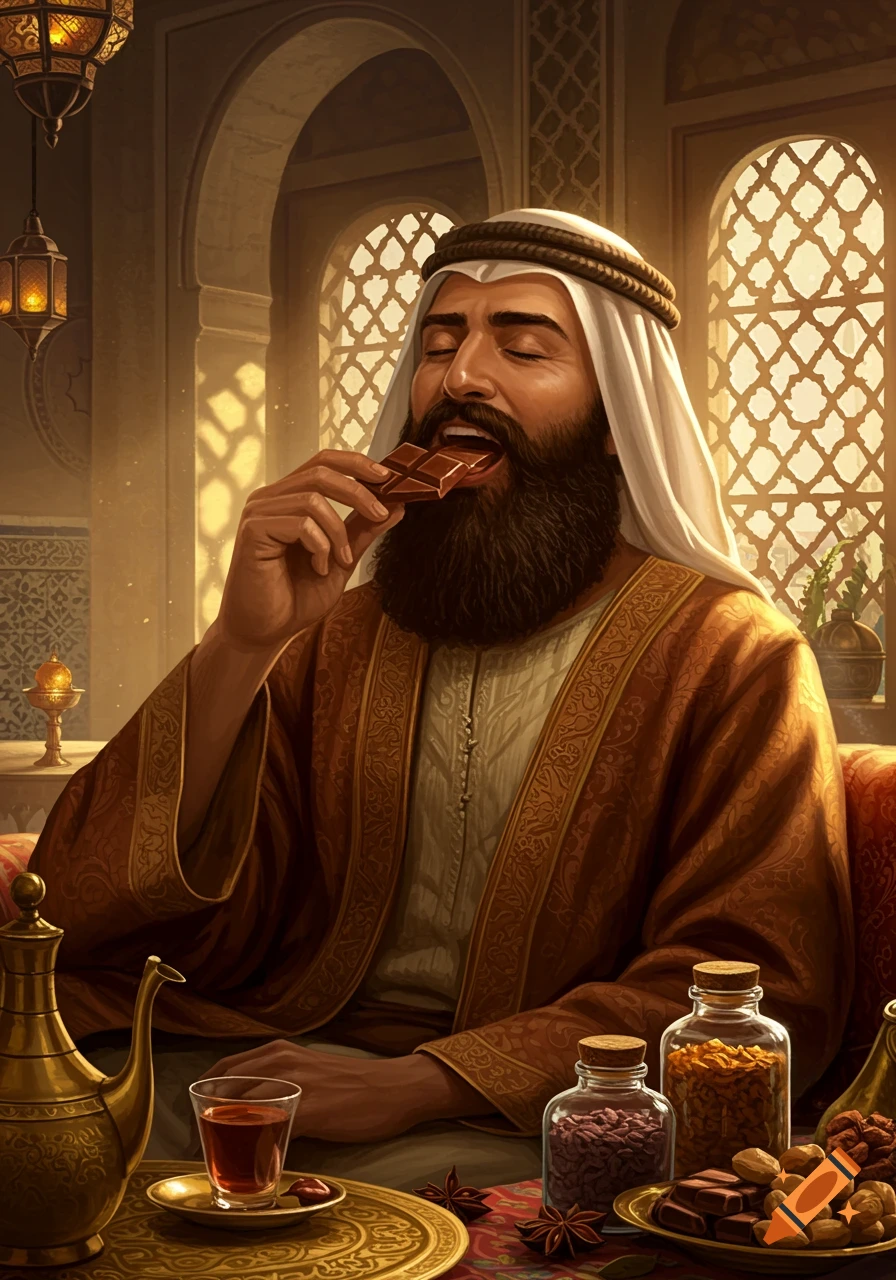 A bearded Arabic man in traditional attire enjoys eating chocolate in an ornate room with lanterns and spices.