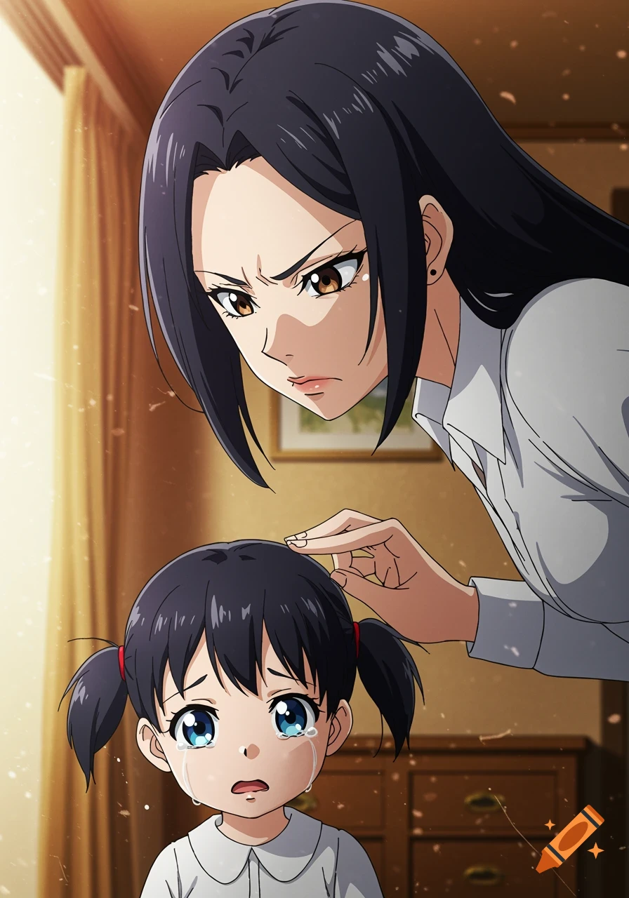 Anime image of an angry woman looking down at a little girl with pigtails who is crying.