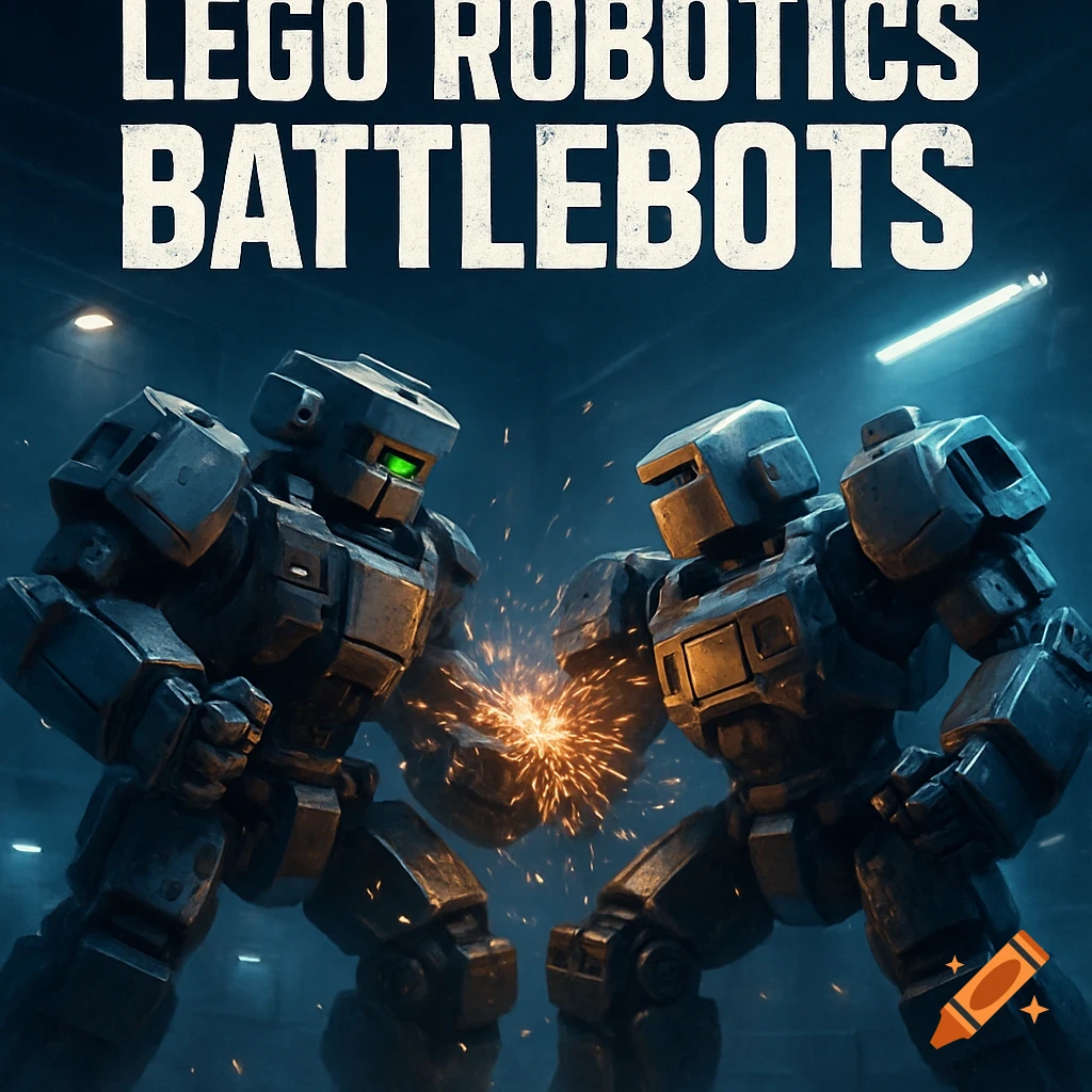 Two realistic, armored robots inspired by LEGO battle in a dark arena, with sparks flying. Title reads 'LEGO ROBOTICS BATTLEBOTS'.