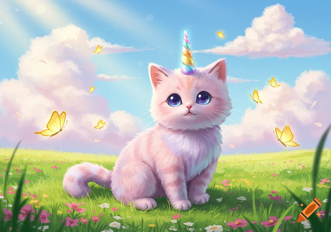 A cute pink and white striped kitten with a rainbow unicorn horn sits in a sunny green field with butterflies and flowers.